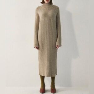 MOUSSY long-sleeved one-piece dress Elegant Beige Knit Slit Dress One Size Fit